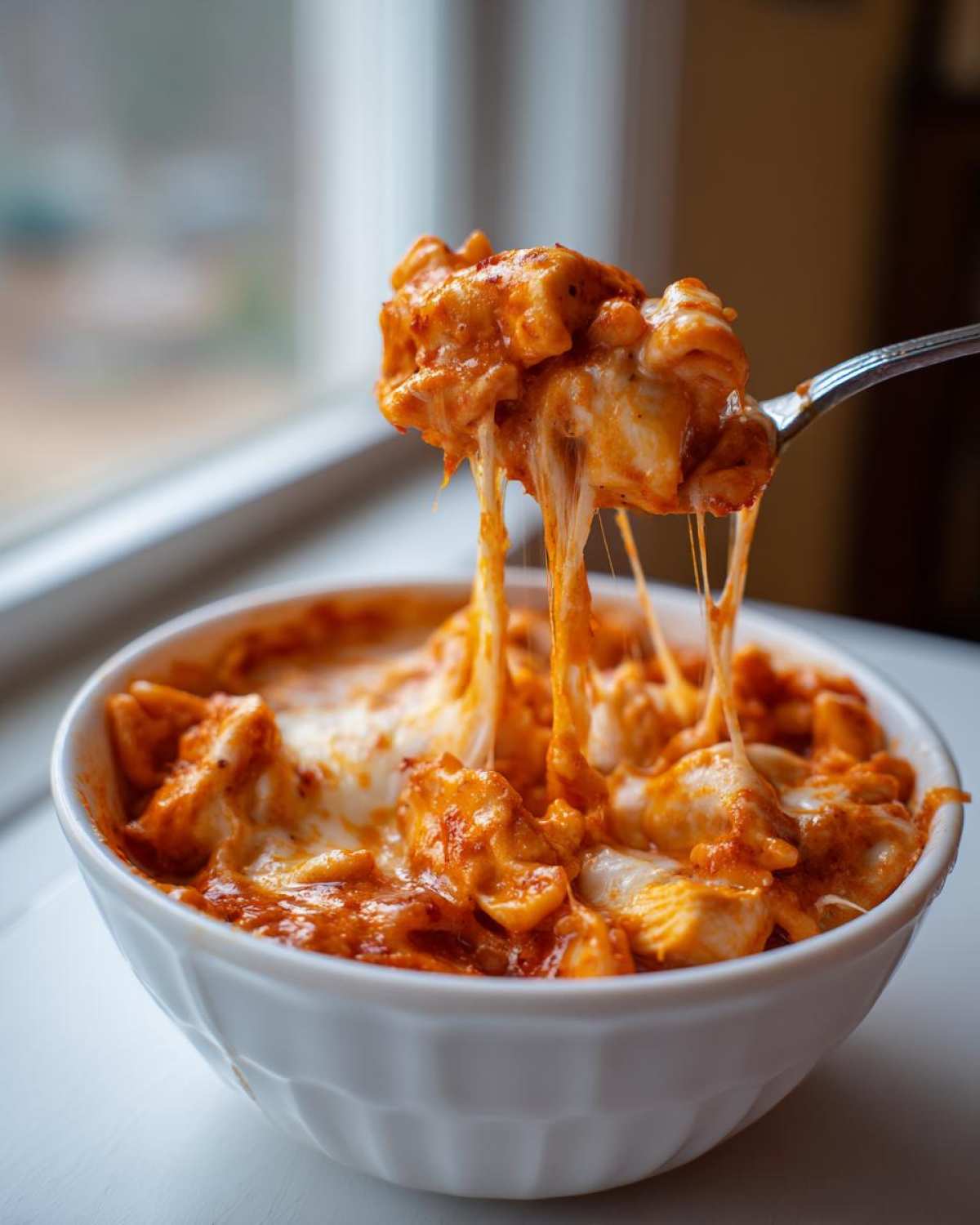 A spoonful of cheesy enchilada pasta being lifted from a white bowl, showing dramatic cheese pulls.