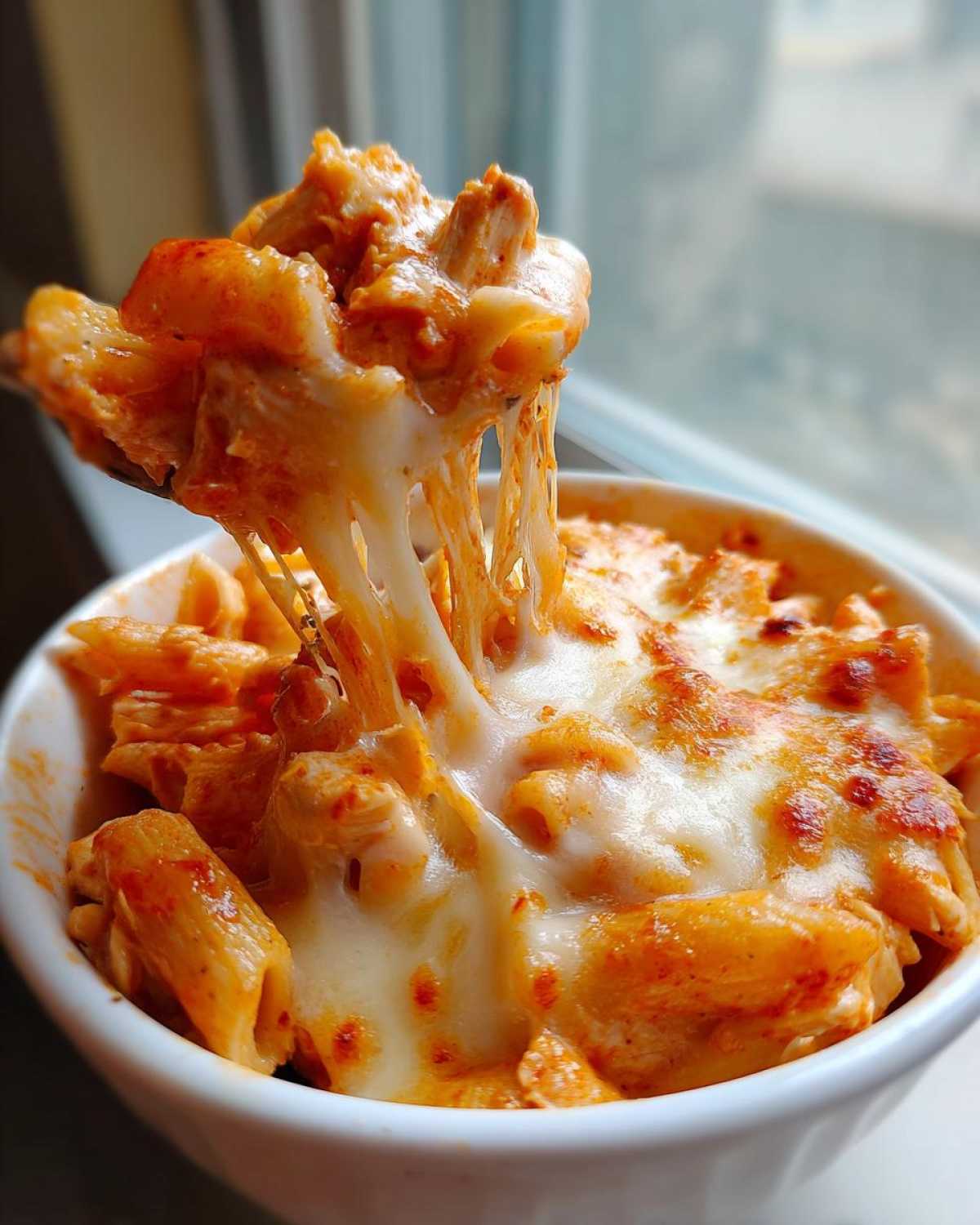 Close-up of a spoonful of creamy enchilada pasta being lifted, showing extreme cheese pull over the bowl.