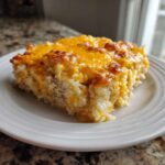 A hearty slice of baked rice casserole topped with melted, browned cheddar cheese.