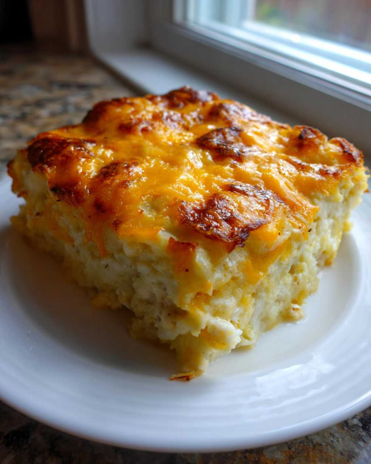 A square serving of creamy rice casserole topped with melted, browned cheddar cheese on a white plate.
