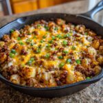Close-up of Cheesy Taco Potatoes cooked in a cast iron skillet, topped with melted cheese and green onions.