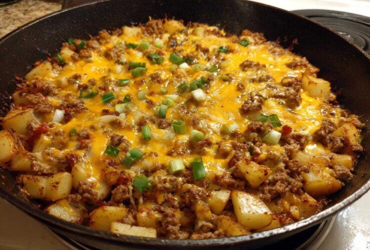Close-up of Cheesy Taco Potatoes with ground meat, melted cheddar cheese, and green onions in a black cast iron skillet.
