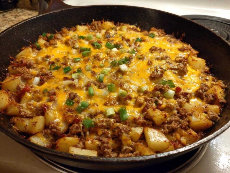 Close-up of Cheesy Taco Potatoes with ground meat, melted cheddar cheese, and green onions in a black cast iron skillet.
