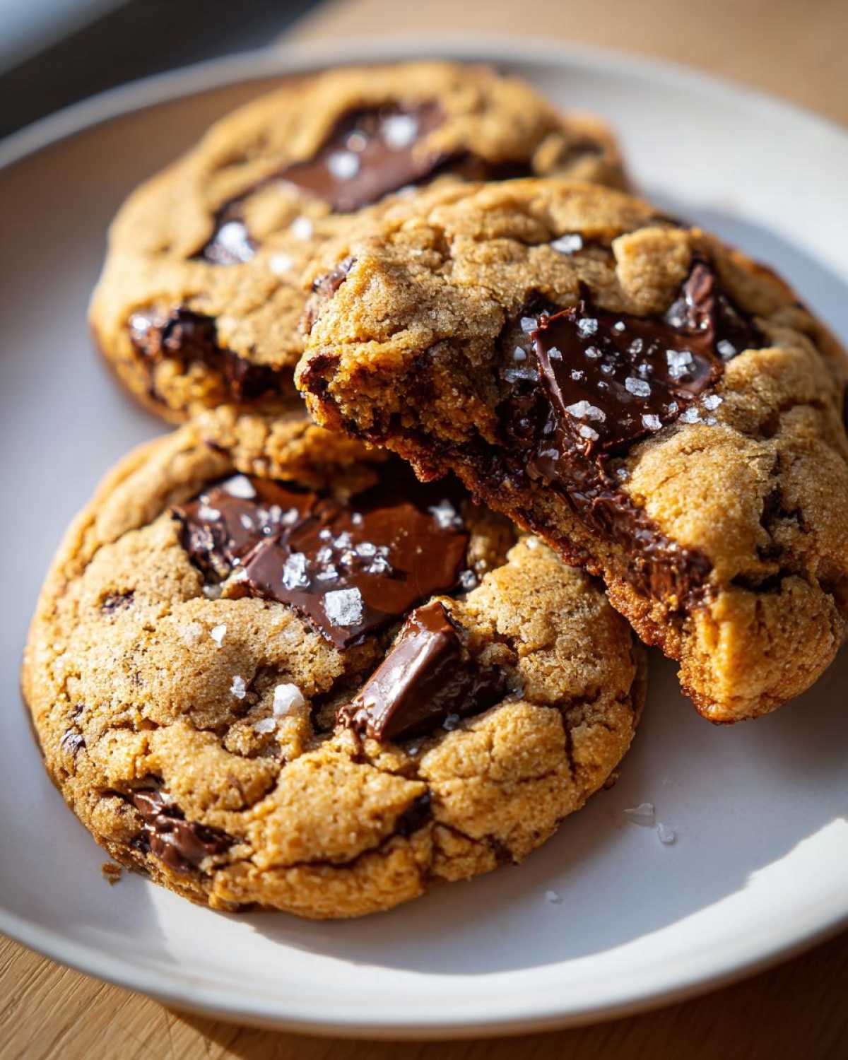 Close-up of three chewy brown butter chocolate chip cookies, one broken open showing melted chocolate and flaky sea salt.