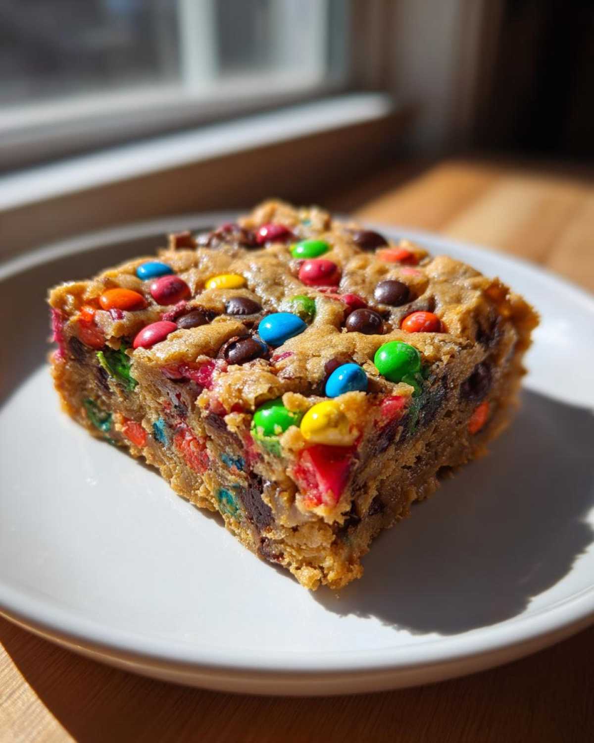 A thick, square slice of chewy christmas cookie bars topped with colorful candy-coated chocolates, served on a white plate.