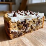 Close-up of a thick slice of chewy cookie cake recipe topped with white frosting and chocolate chips.
