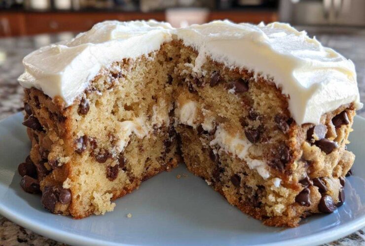 A thick, chewy cookie cake recipe slice cut in half, showing chocolate chips and creamy white frosting.