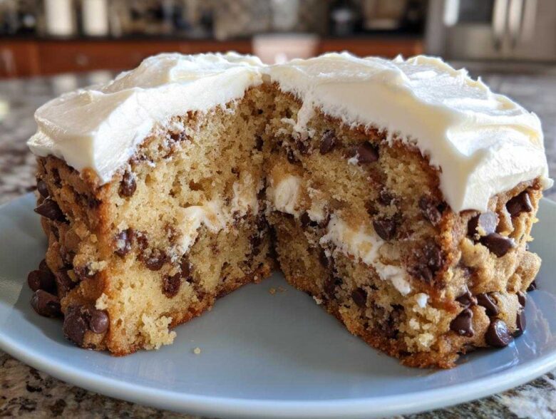 A thick, chewy cookie cake recipe slice cut in half, showing chocolate chips and creamy white frosting.
