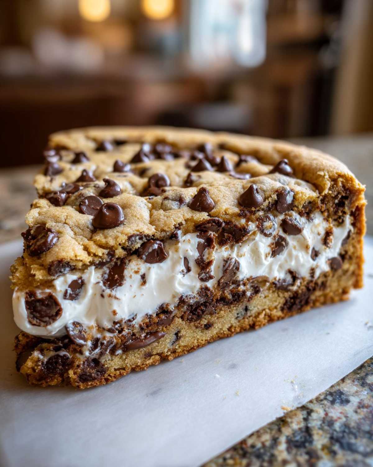 A thick slice of chewy cookie cake recipe filled with white cream and chocolate chips.