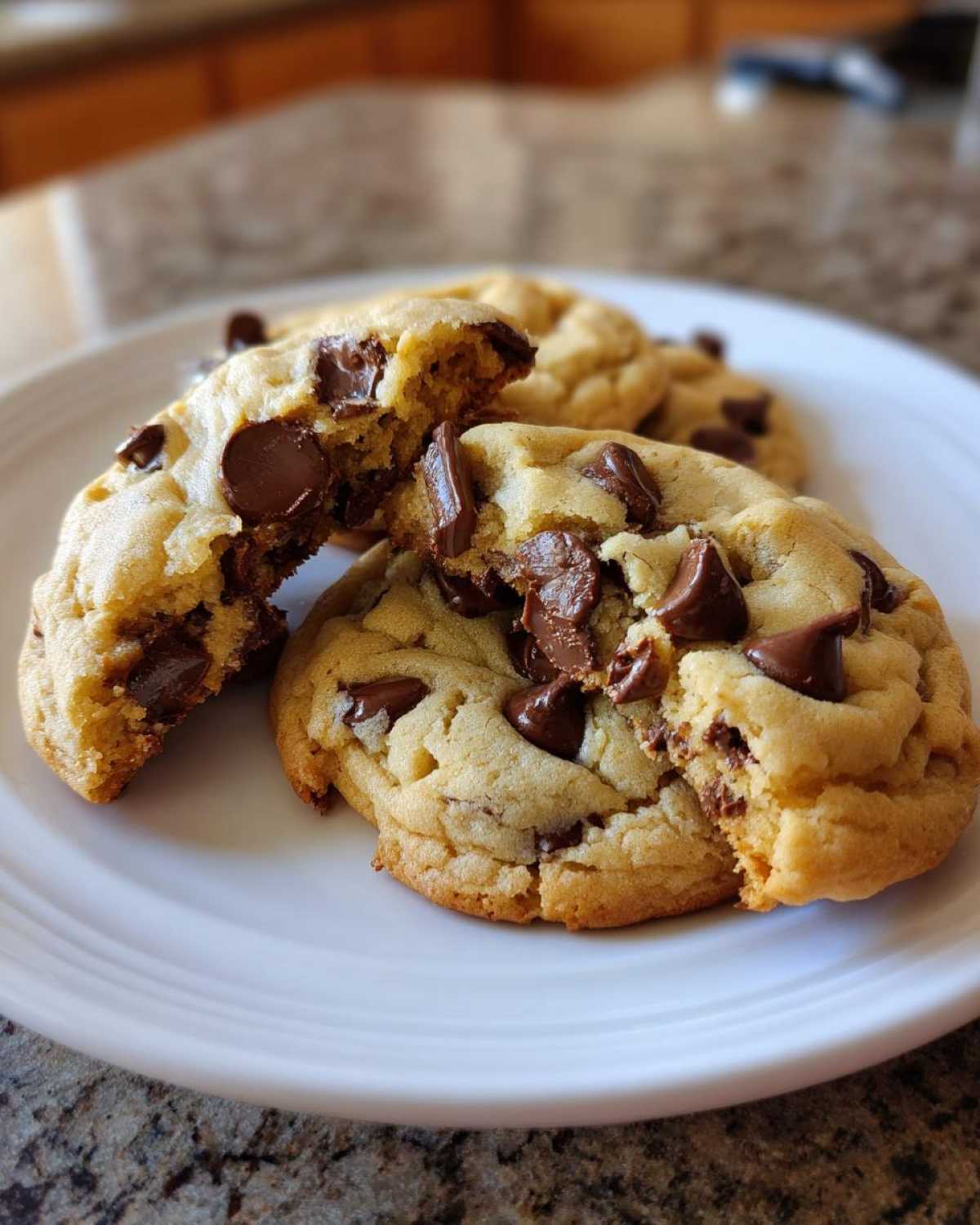 Close-up of chewy sourdough chocolate chip cookies on a white plate, one broken in half showing the soft interior.