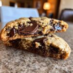 Close-up of a chewy sourdough chocolate chip cookies cut in half, showing melted chocolate chunks.