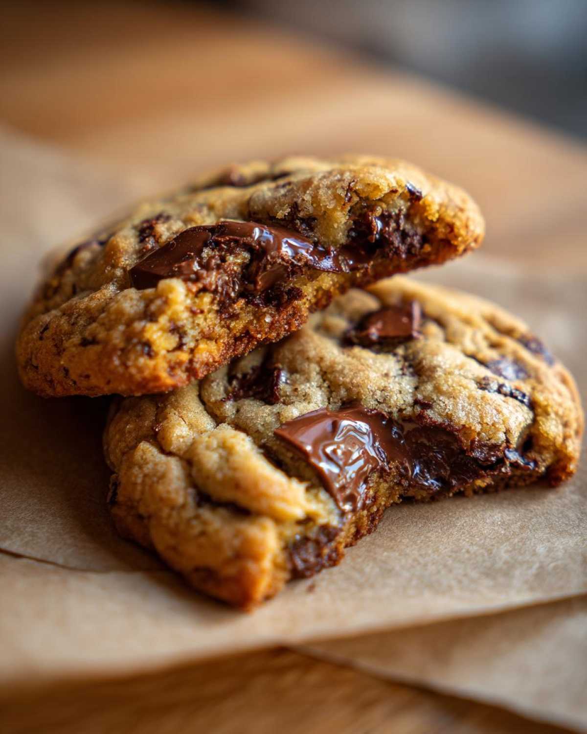Close-up of two halves of a chewy sourdough chocolate chip cookies showing melted chocolate filling.