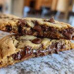 Two halves of a chewy sourdough chocolate chip cookie stacked, showing melted chocolate centers.