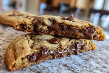 Two halves of a chewy sourdough chocolate chip cookie stacked, showing melted chocolate centers.