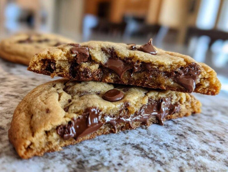 Two halves of a chewy sourdough chocolate chip cookie stacked, showing melted chocolate centers.