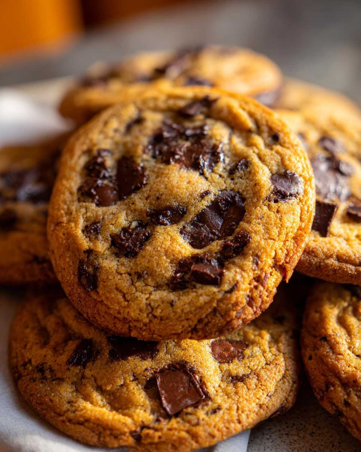 A close-up stack of chewy sourdough chocolate chip cookies loaded with melted chocolate chunks.