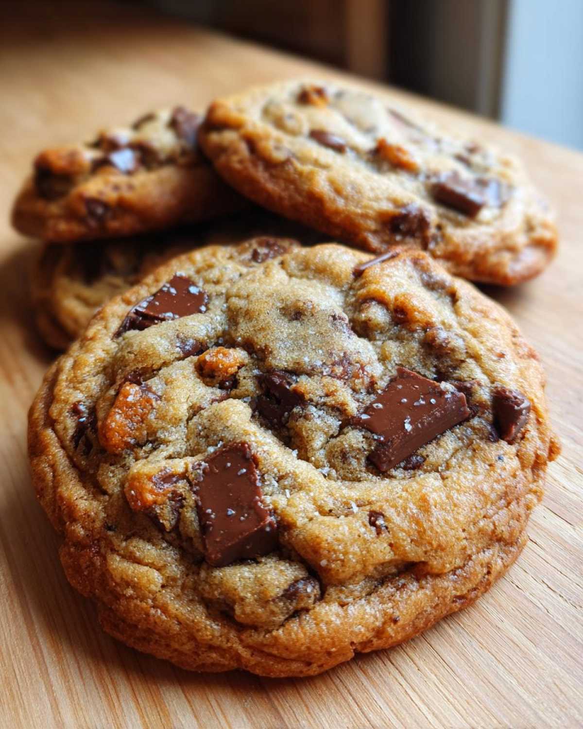 Close-up of a chewy sourdough chocolate chip cookie topped with large chocolate chunks and flaky sea salt.
