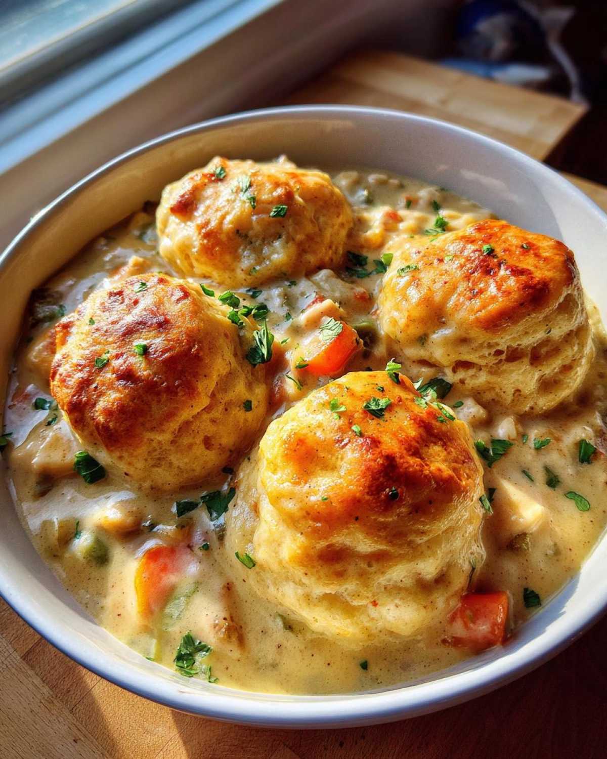 Close-up of a bowl of creamy chicken and dumplings with biscuits, garnished with parsley.