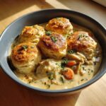A close-up of creamy chicken and dumplings with biscuits, garnished with fresh parsley.