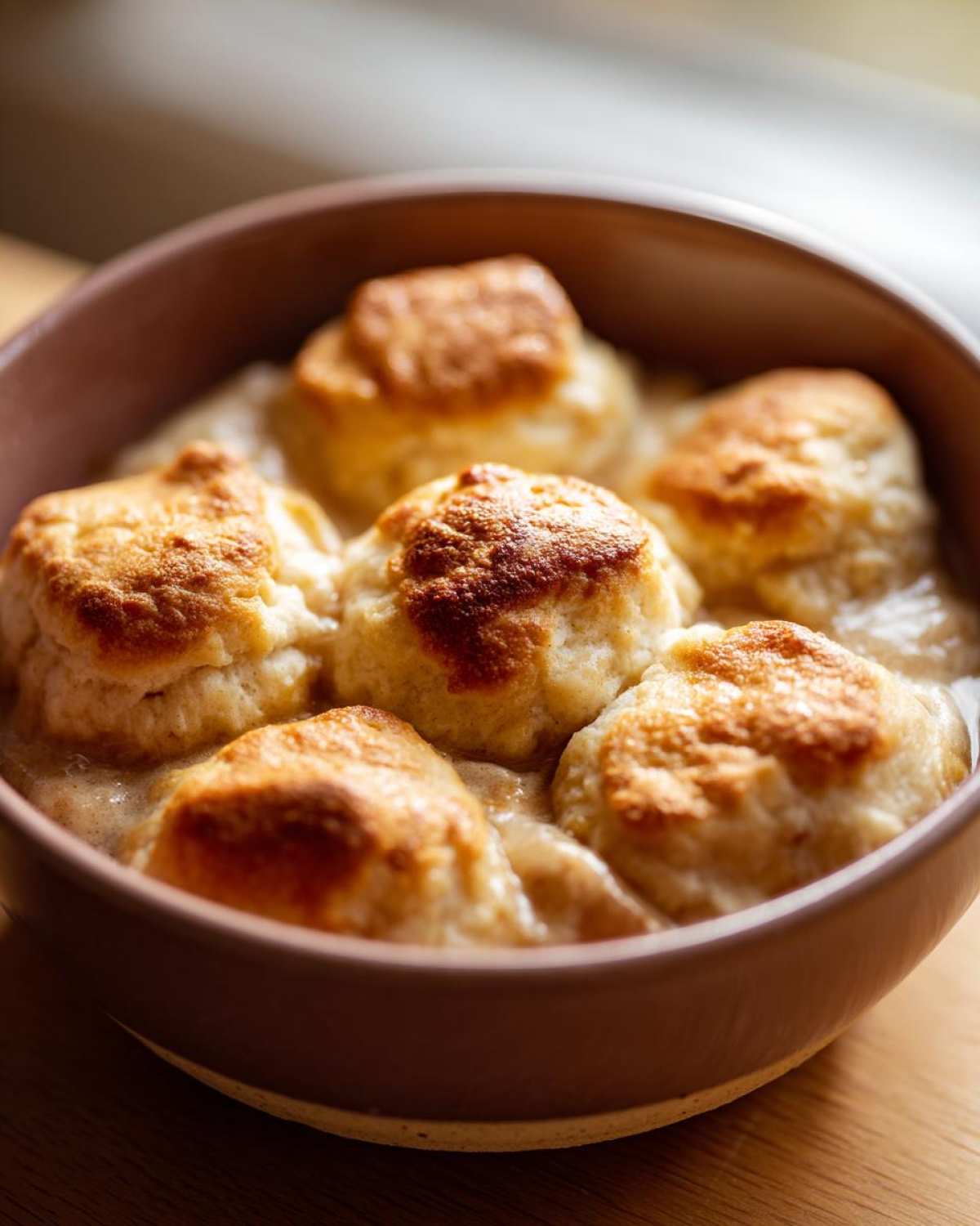 A close-up of a bowl filled with creamy chicken and dumplings with biscuits on top, showing golden brown tops.