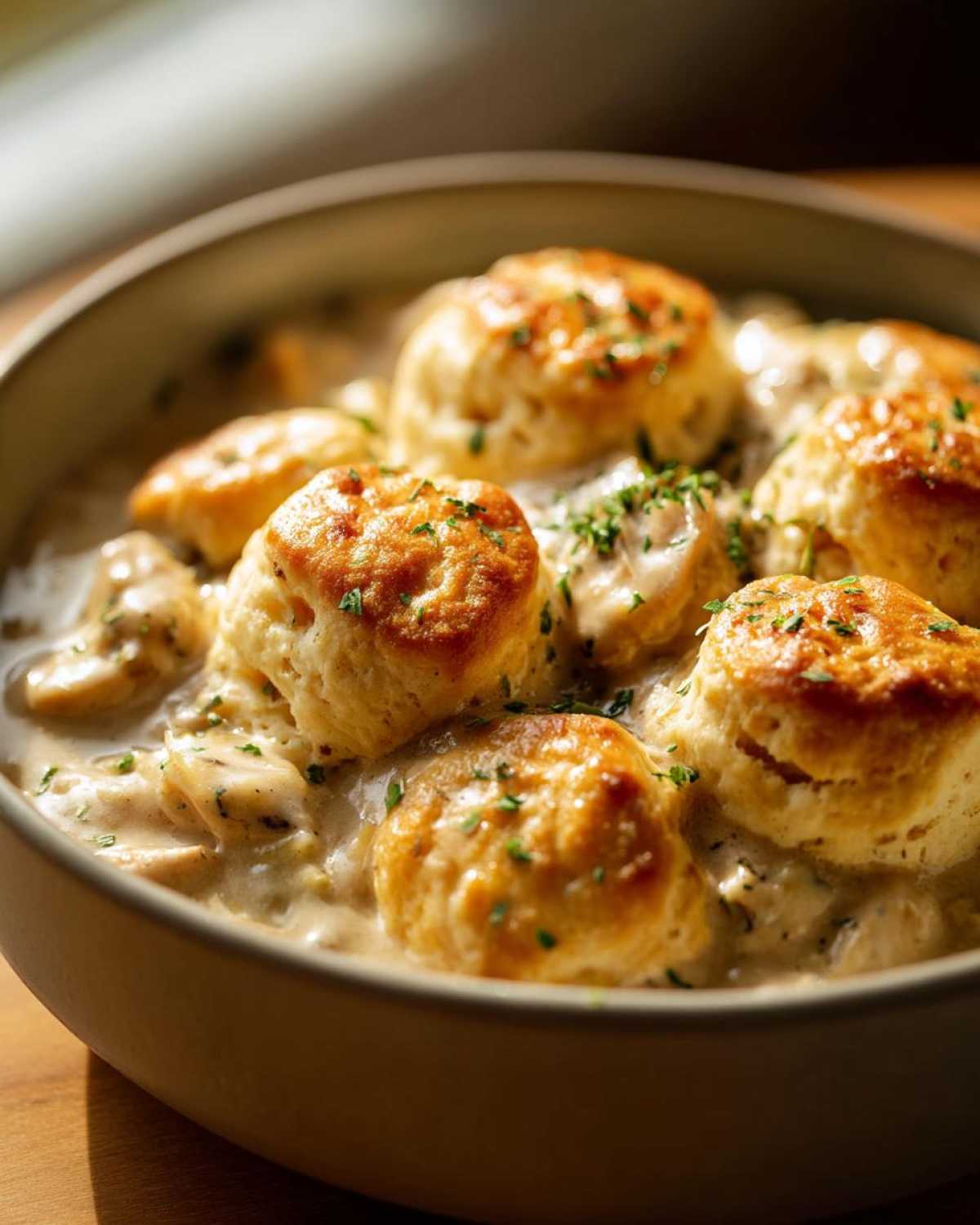 Close-up of golden brown biscuits floating atop creamy chicken and dumplings, garnished with parsley.