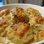 Close-up of golden-brown biscuits topping creamy chicken and dumplings, garnished with parsley.