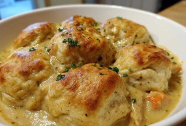 Close-up of golden-brown biscuits topping creamy chicken and dumplings, garnished with parsley.