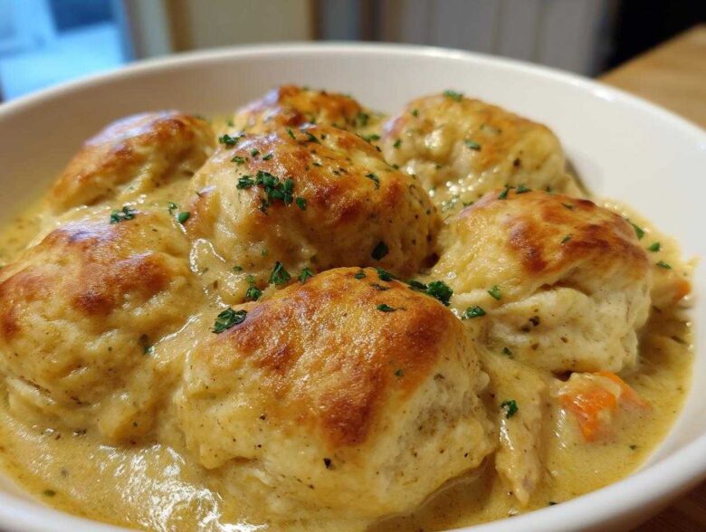 Close-up of golden-brown biscuits topping creamy chicken and dumplings, garnished with parsley.