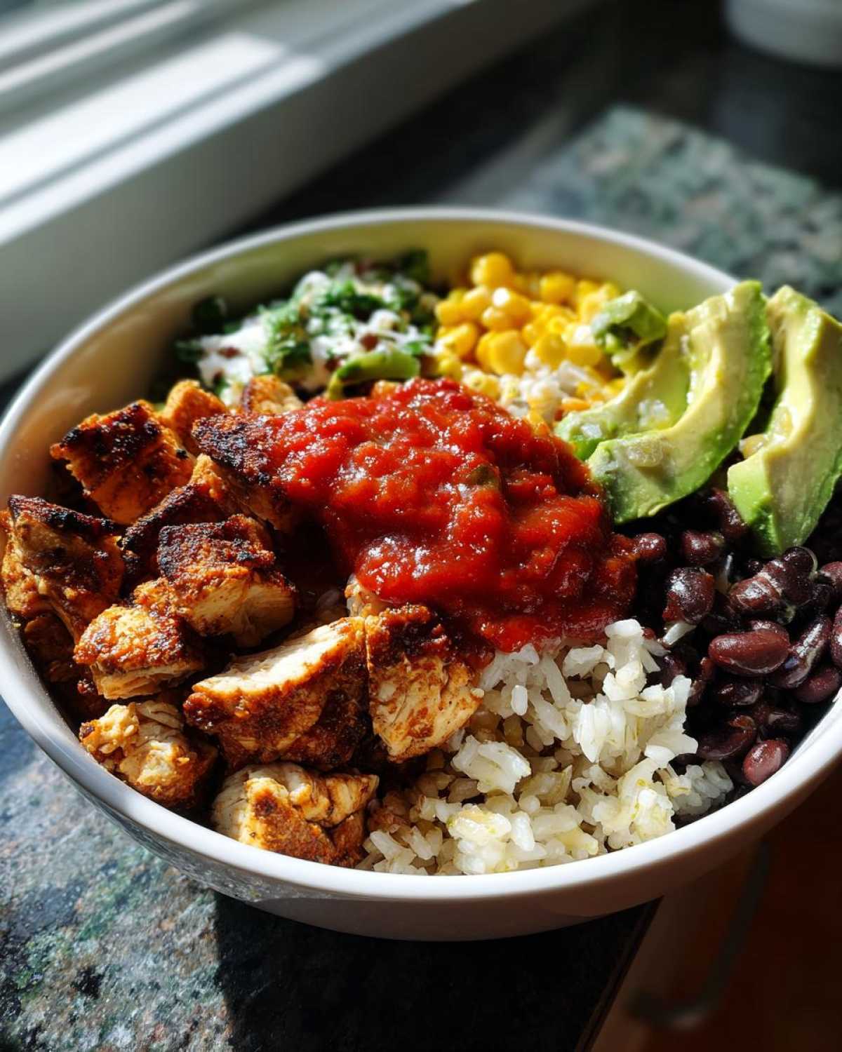 Close-up of a vibrant chicken burrito bowl featuring seasoned chicken, rice, black beans, corn, salsa, and avocado slices.
