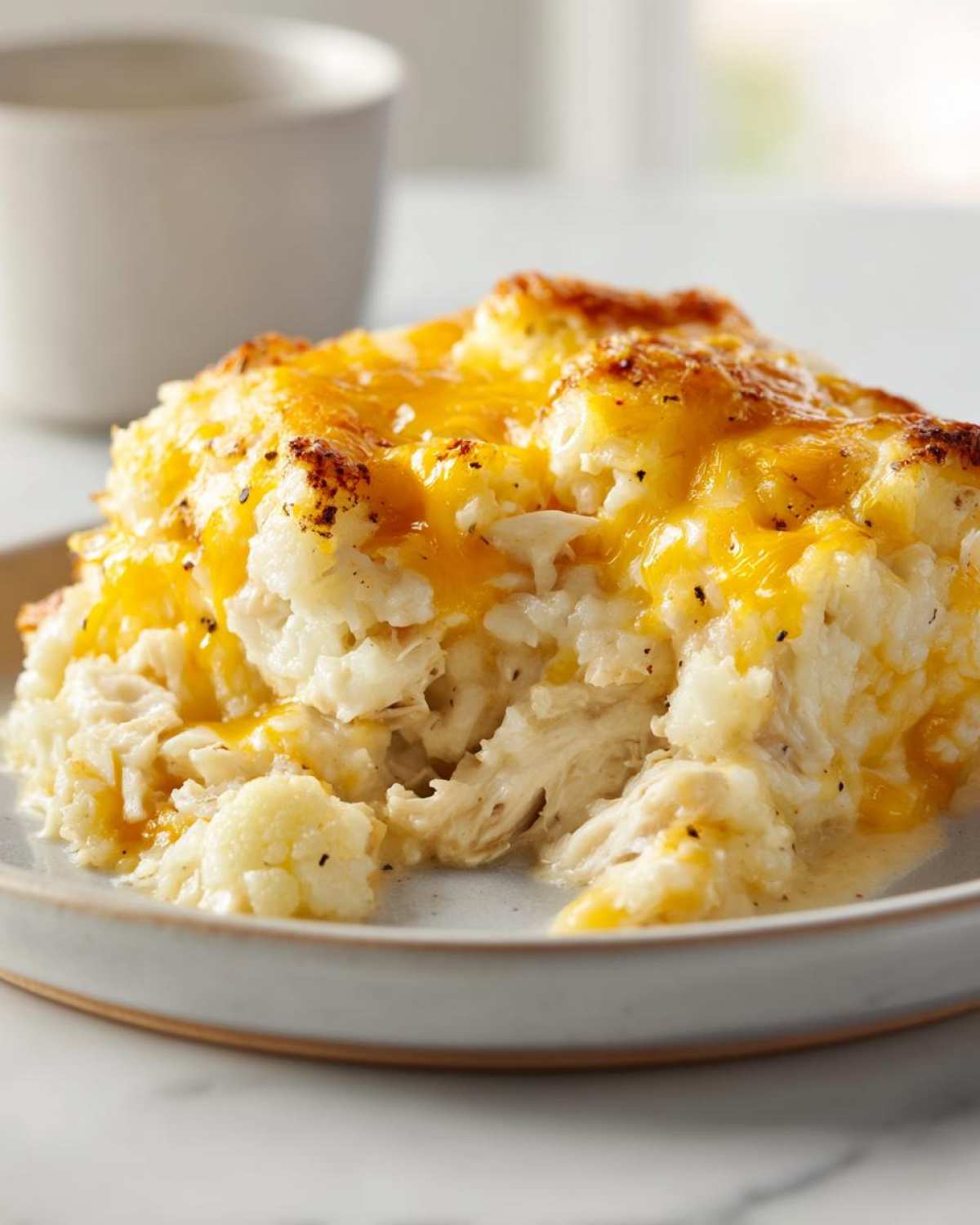 Close-up of a serving of chicken cauliflower rice casserole topped with melted, browned cheddar cheese.