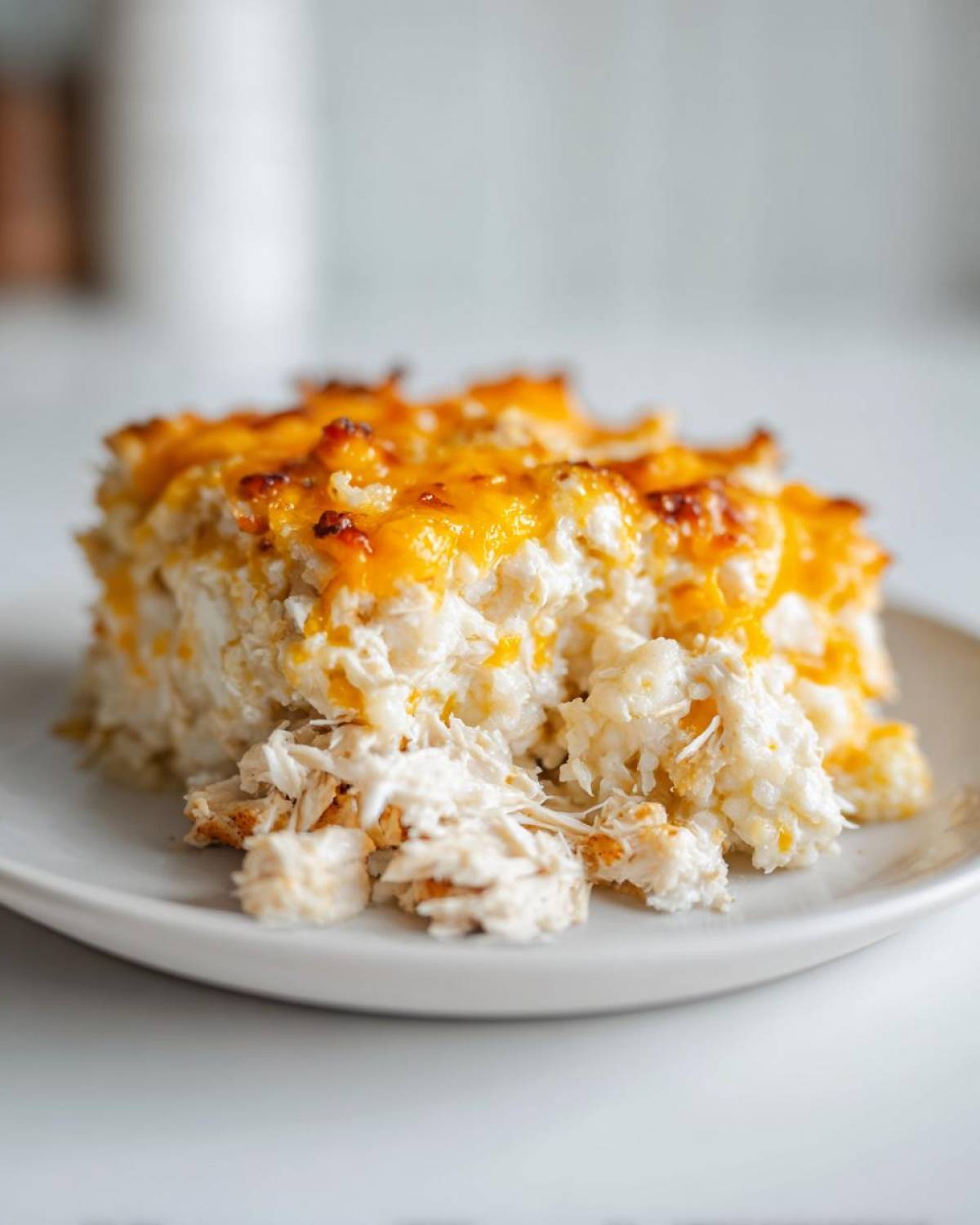 A close-up serving of creamy chicken cauliflower rice casserole topped with melted, browned cheddar cheese.