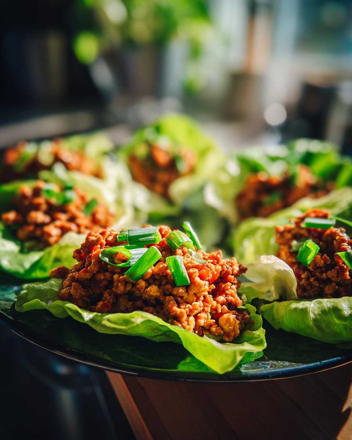 Close-up of several delicious chicken lettuce wraps filled with savory ground chicken mixture and topped with fresh green onions.