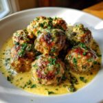 A white bowl filled with browned chicken piccata meatballs covered in a creamy lemon-caper sauce and fresh parsley.