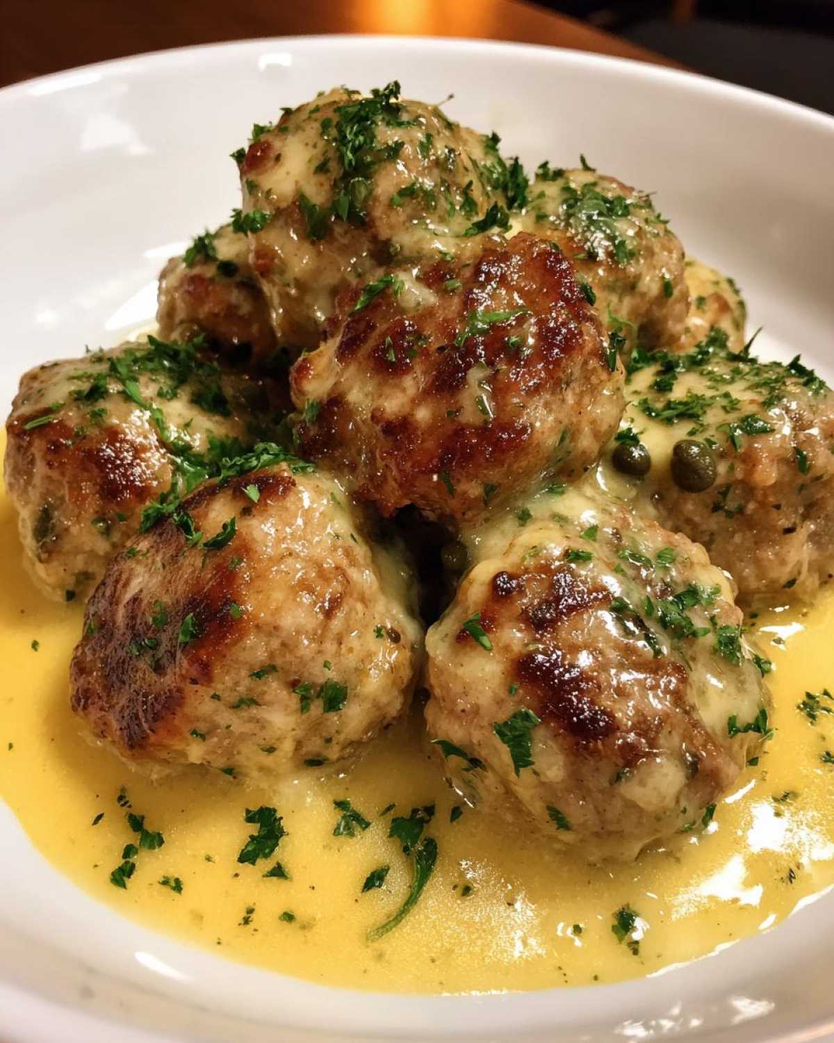 Close-up of browned chicken piccata meatballs covered in a creamy lemon sauce and fresh parsley.