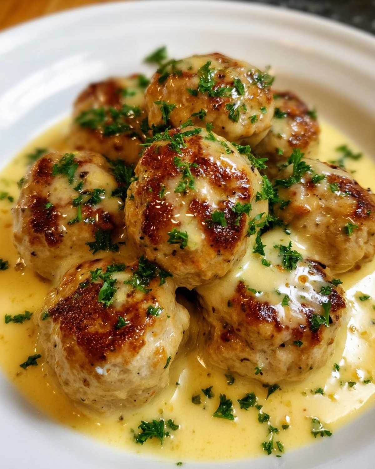Close-up of browned chicken piccata meatballs covered in a rich, creamy lemon sauce and sprinkled with fresh parsley.