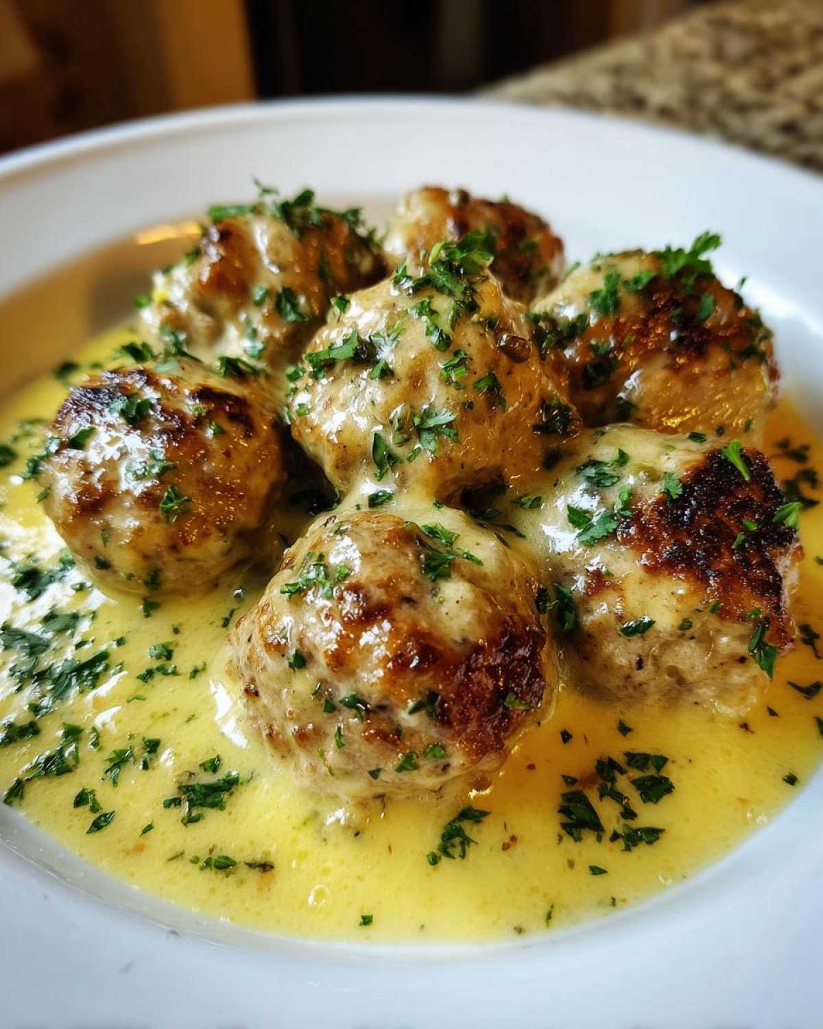 Close-up of browned chicken piccata meatballs smothered in a creamy lemon-butter sauce and topped with fresh parsley.