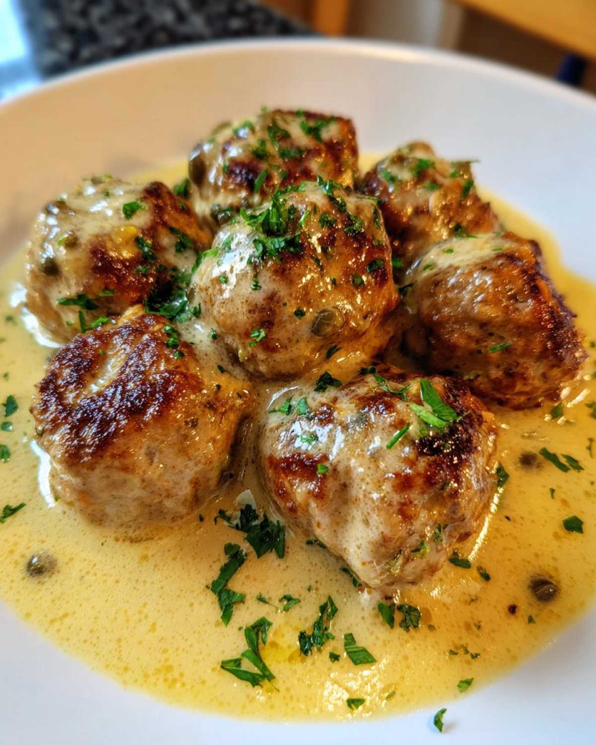 Close-up of several golden-brown chicken piccata meatballs served in a creamy lemon-caper sauce and garnished with fresh parsley.