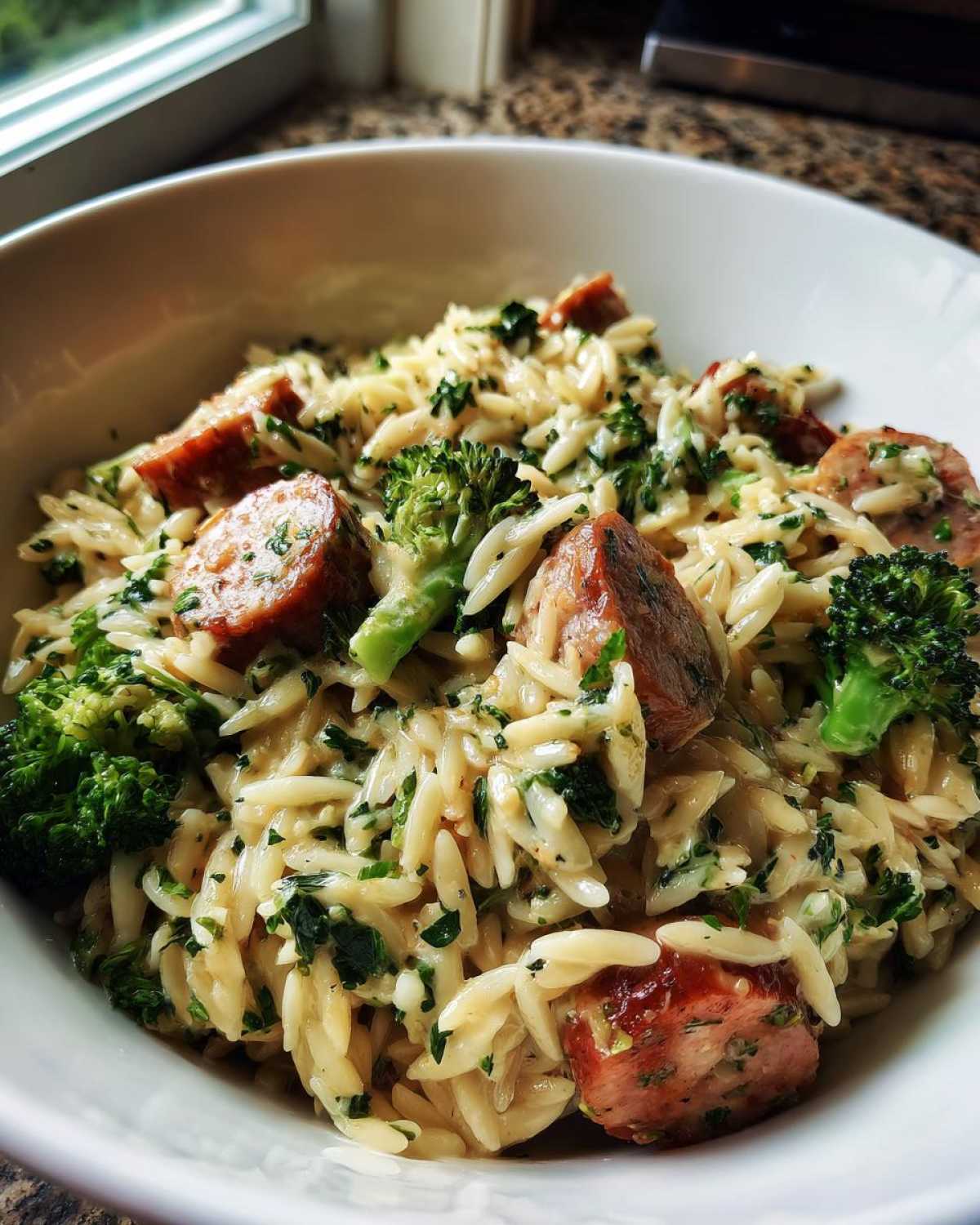 Close-up of a creamy bowl of chicken sausage and broccoli orzo mixed with herbs.