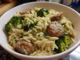 Close-up of a white bowl filled with creamy chicken sausage and broccoli orzo, garnished with parsley.
