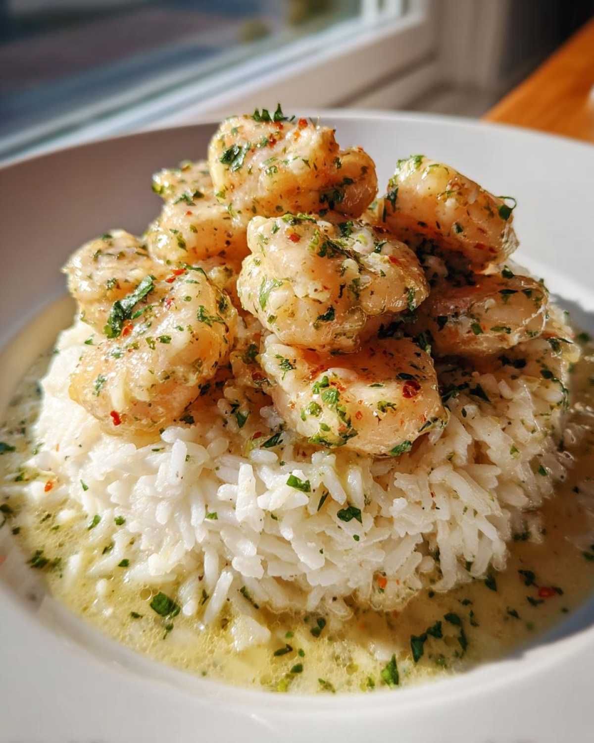 Close-up of shrimp scampi served over a mound of white garlic parmesan rice, glistening with butter sauce.