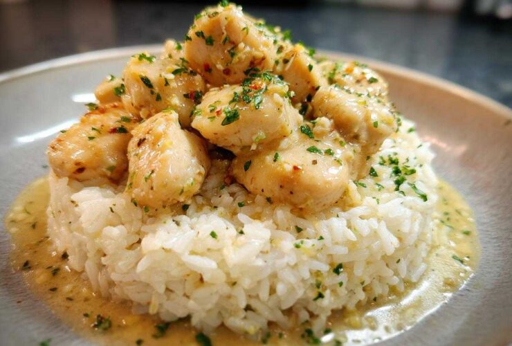 Close-up of tender chicken scampi pieces served over a mound of garlic parmesan rice, drizzled with sauce.
