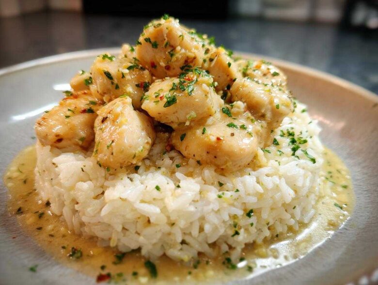 Close-up of tender chicken scampi pieces served over a mound of garlic parmesan rice, drizzled with sauce.