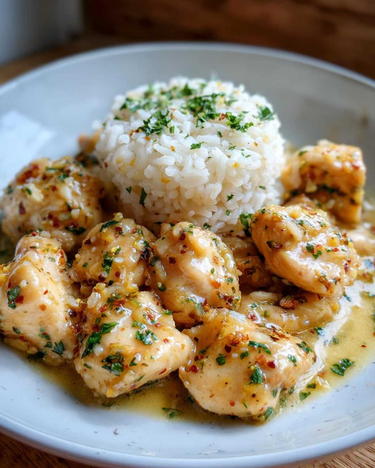 Juicy pieces of chicken scampi coated in a buttery sauce served next to a mound of garlic parmesan rice.