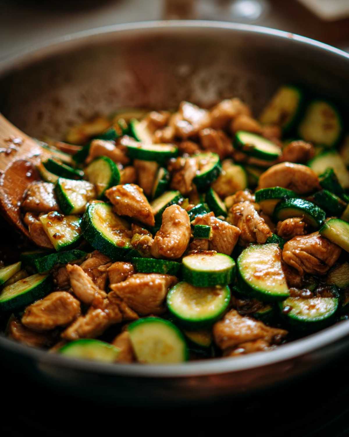 Close-up of chicken zucchini stir fry cooking in a skillet with a wooden spoon visible.