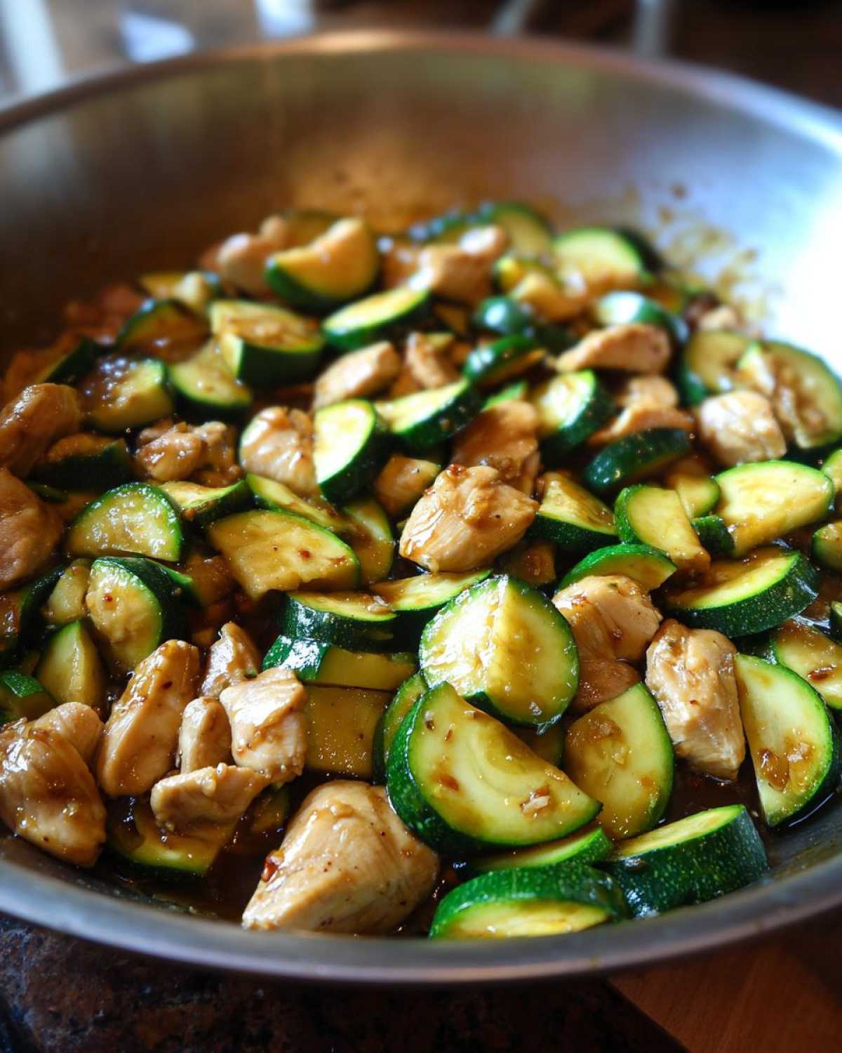 Close-up of chicken zucchini stir fry cooking in a metal wok with a glossy sauce.