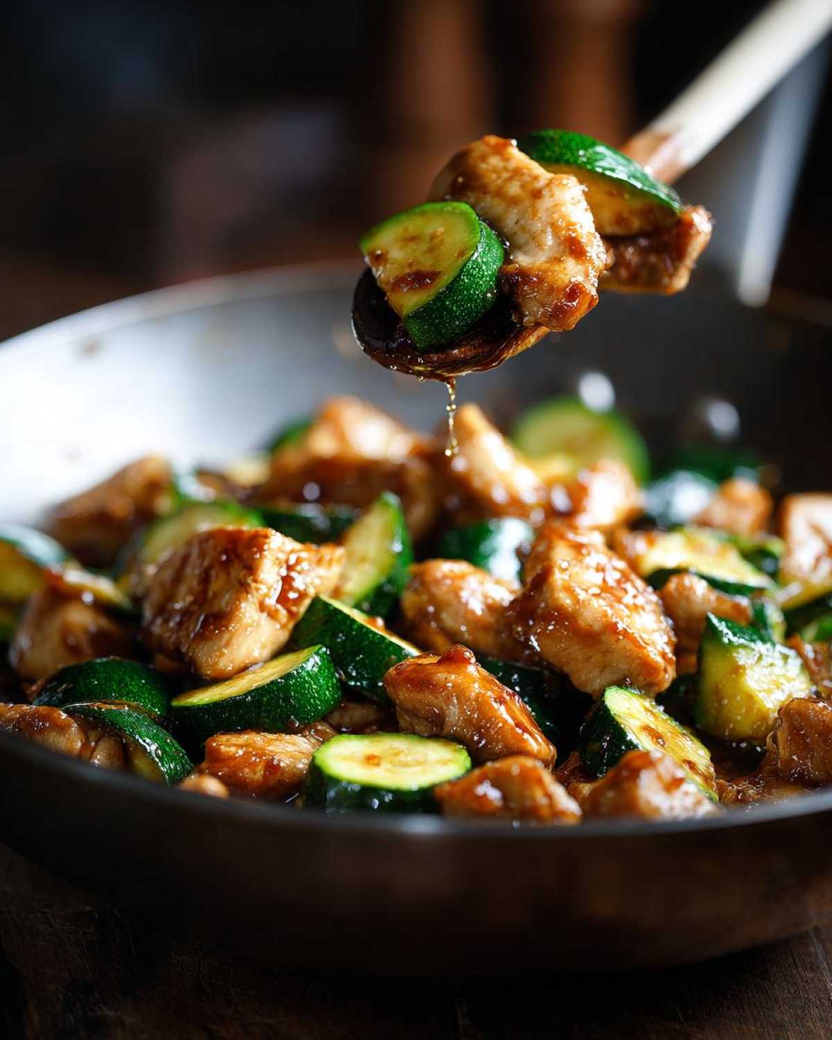 A wooden spoon lifts pieces of chicken and zucchini from a pan of glossy chicken zucchini stir fry.