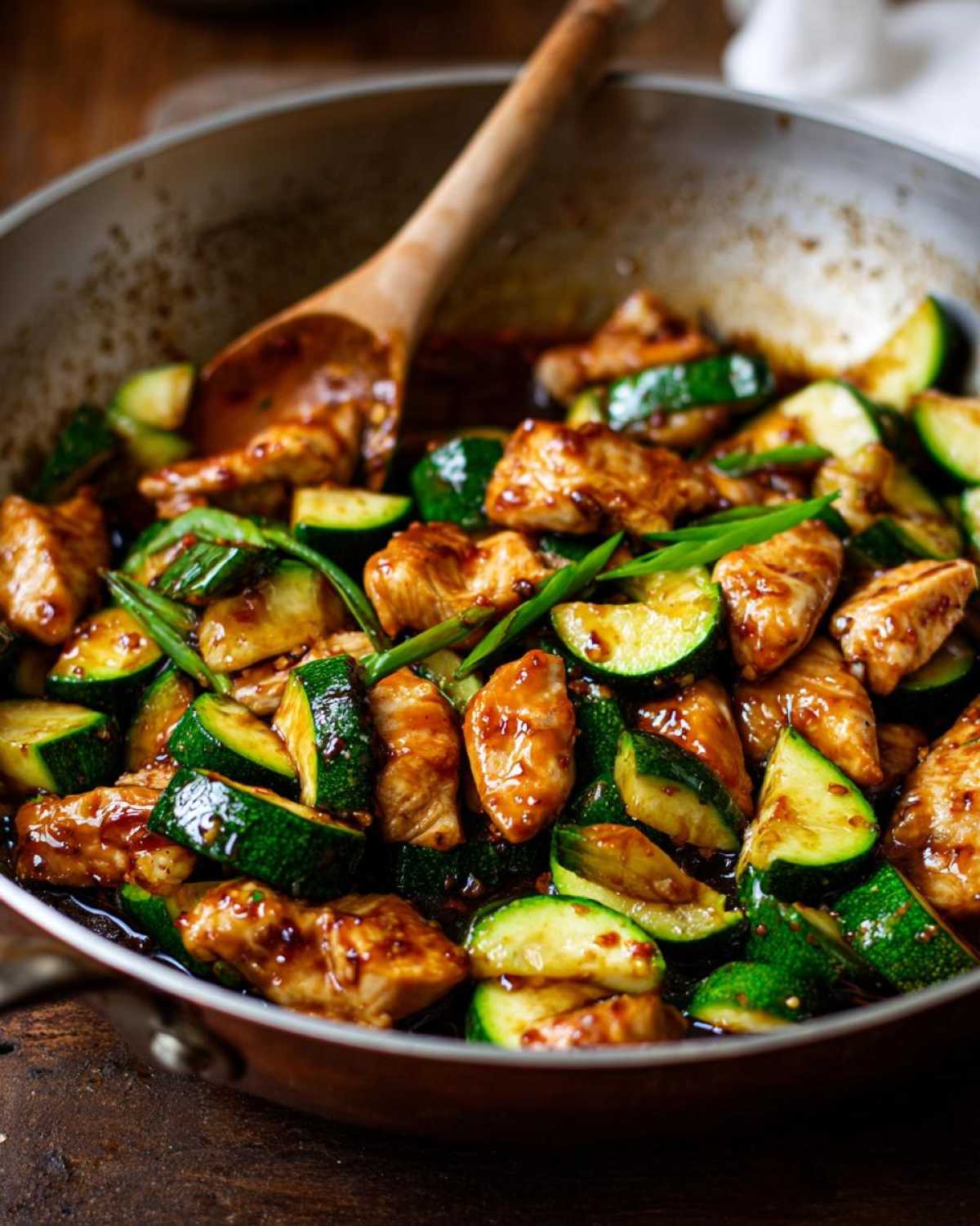Close-up of chicken zucchini stir fry coated in sauce, being mixed with a wooden spoon in a skillet.