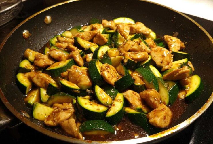 Close-up of chicken zucchini stir fry cooking in a dark skillet with a glossy brown sauce.