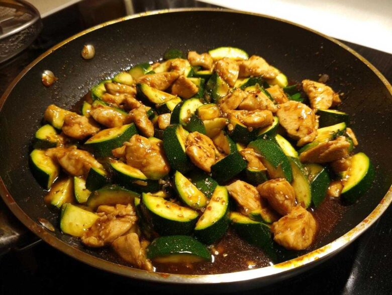 Close-up of chicken zucchini stir fry cooking in a dark skillet with a glossy brown sauce.
