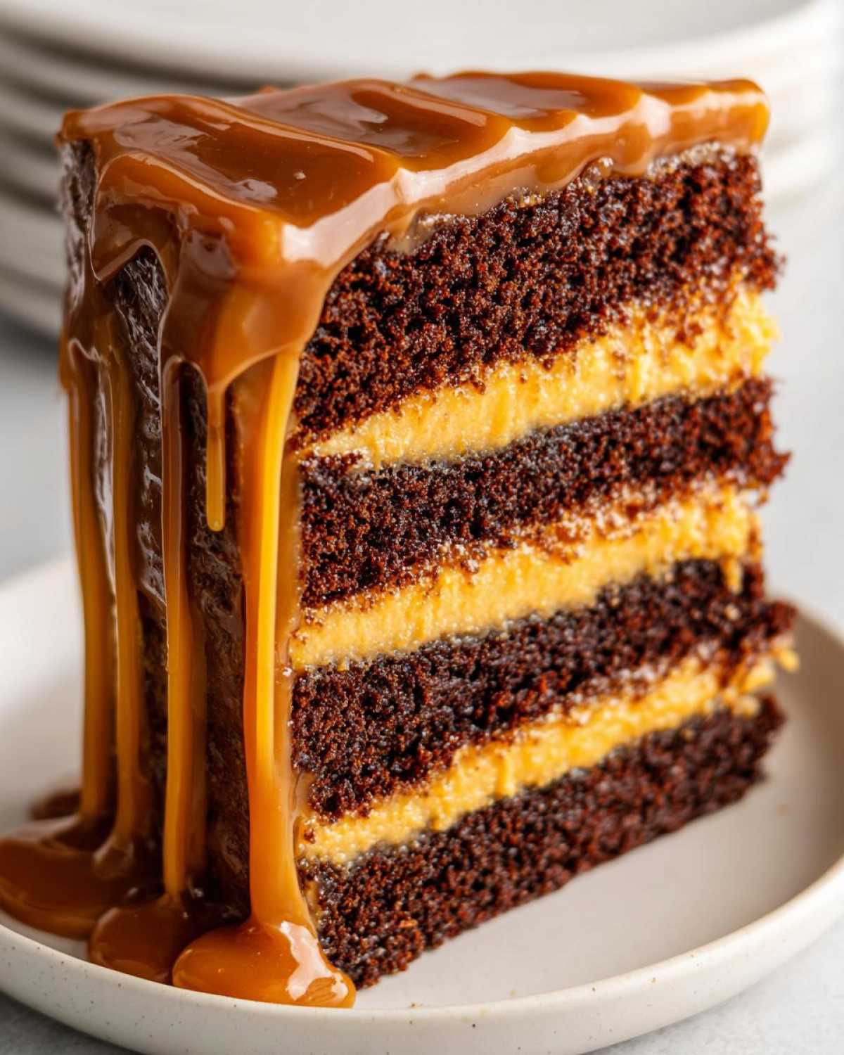 Close-up of a decadent slice of chocolate caramel cake with three layers and thick caramel dripping down the side.